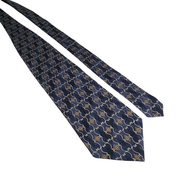 Roundtree Yorke Silk Handmade Tie Navy Blue Gold Geometric Men Vintage Formal - Picture 1 of 5